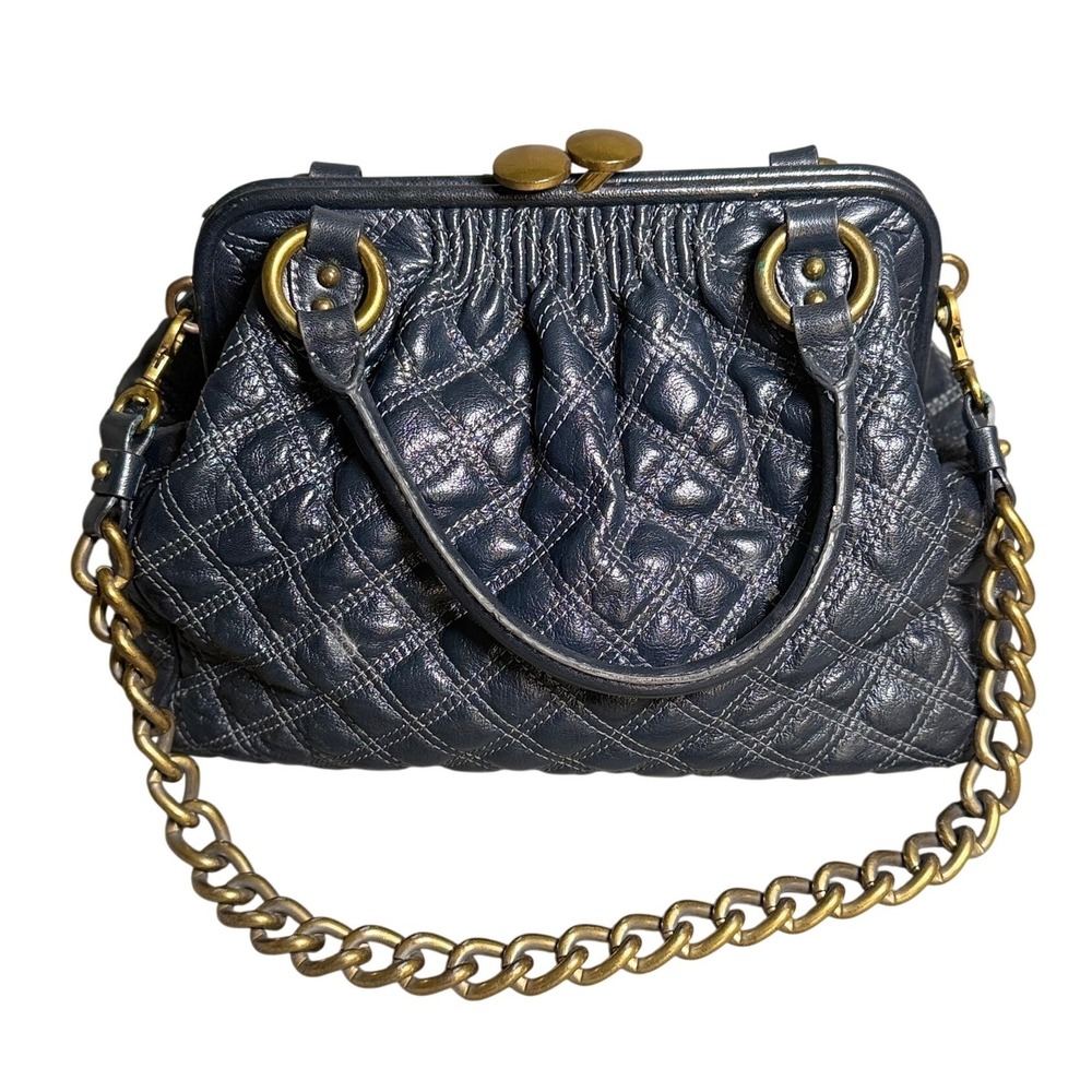 Marc Jacobs Stam Bag Navy Blue Quilted Leather Kiss Lock Frame Made in Italy